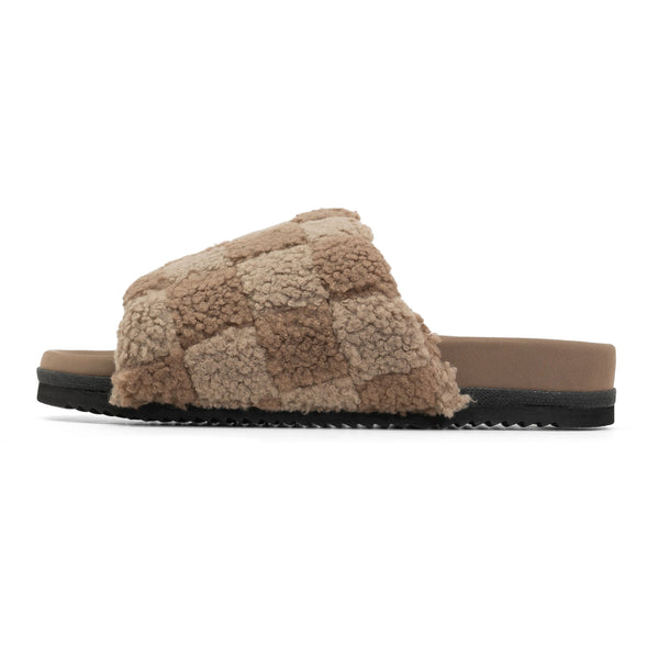 ROAM FUZZY CHECKER SLIDER BEIGE & TAUPE FAUX SHEARLING