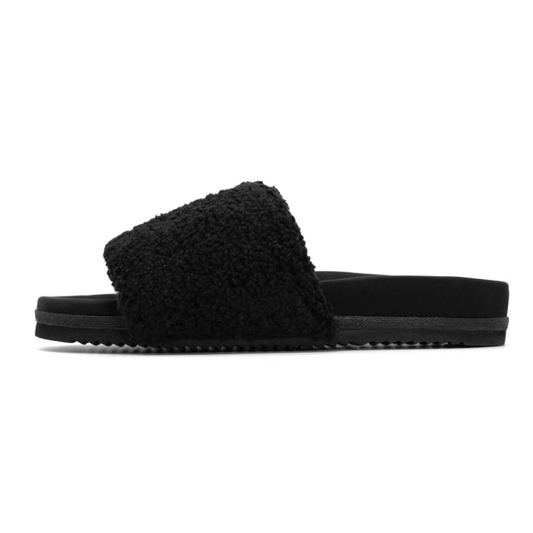 ROAM FUZZY PAILLETTE SLIDER BLACK FAUX SHEARLING