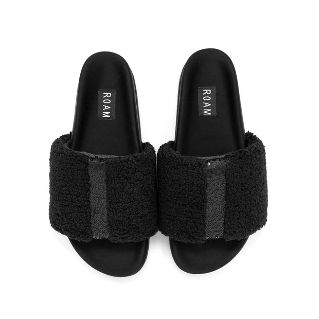 ROAM FUZZY PAILLETTE SLIDER BLACK FAUX SHEARLING