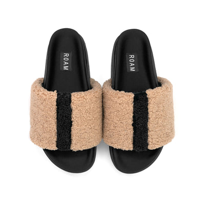 ROAM FUZZY STRIPE STACK PLATFORM BEIGE & BLACK FAUX SHEARLING