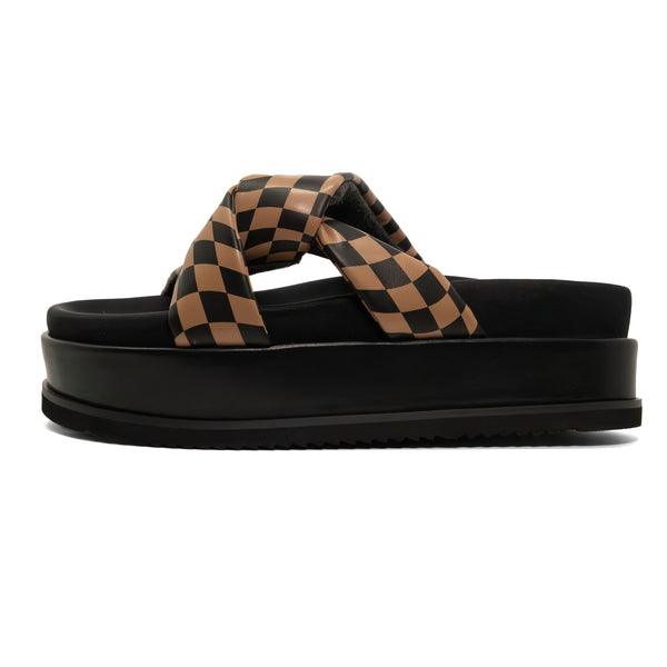 ROAM WAVY CHECK SIDE SLIP STACK BLACK & BEIGE VEGAN LEATHER