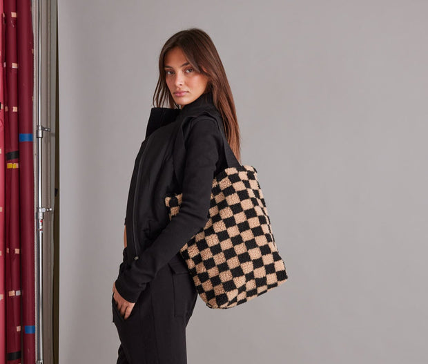 ROAM CHECKERED FUZZY MINI TOTE NUDE & BLACK