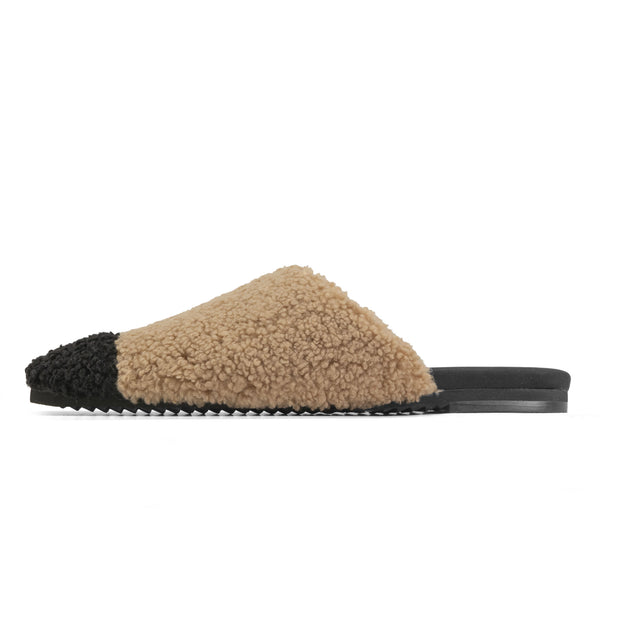 ROAM FUZZY CAP MULE BEIGE & BLACK FAUX SHEARLING - THIN SOLE – R0AM